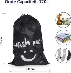 Wonair - Grote Waszak - Laundry Bag - Wash Me - 60x90cm - Zwart - Met Trekkoord -Huishoudelijke Schoonmaak 1178x1200