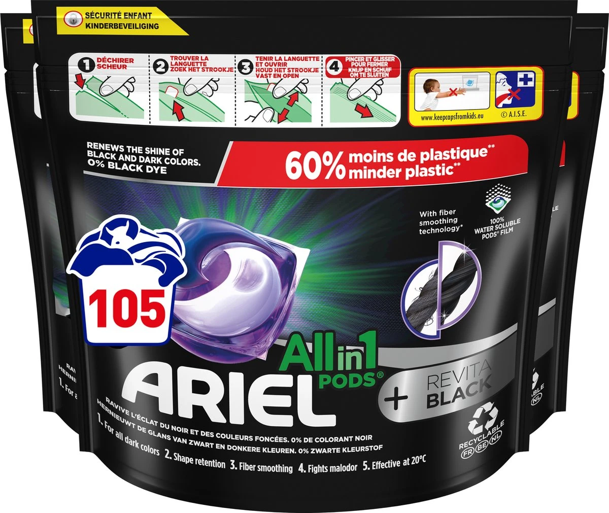 Ariel All In 1 Wasmiddel Pods - Wascapsules - +Revitablack - Voordeelverpakking 3 X 35 Wasbeurten 3 Ariel All In 1 Wasmiddel Pods - Wascapsules - +Revitablack - Voordeelverpakking 3 X 35 Wasbeurten