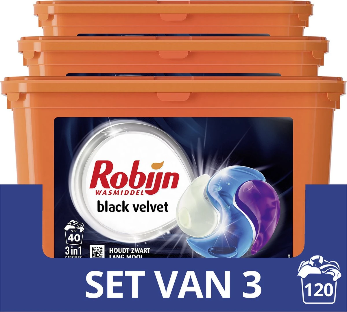Robijn Wascapsules 3-in-1 Black Velvet - 3 X 40 Stuks - Voordeelverpakking 3 Robijn Wascapsules 3-in-1 Black Velvet - 3 X 40 Stuks - Voordeelverpakking