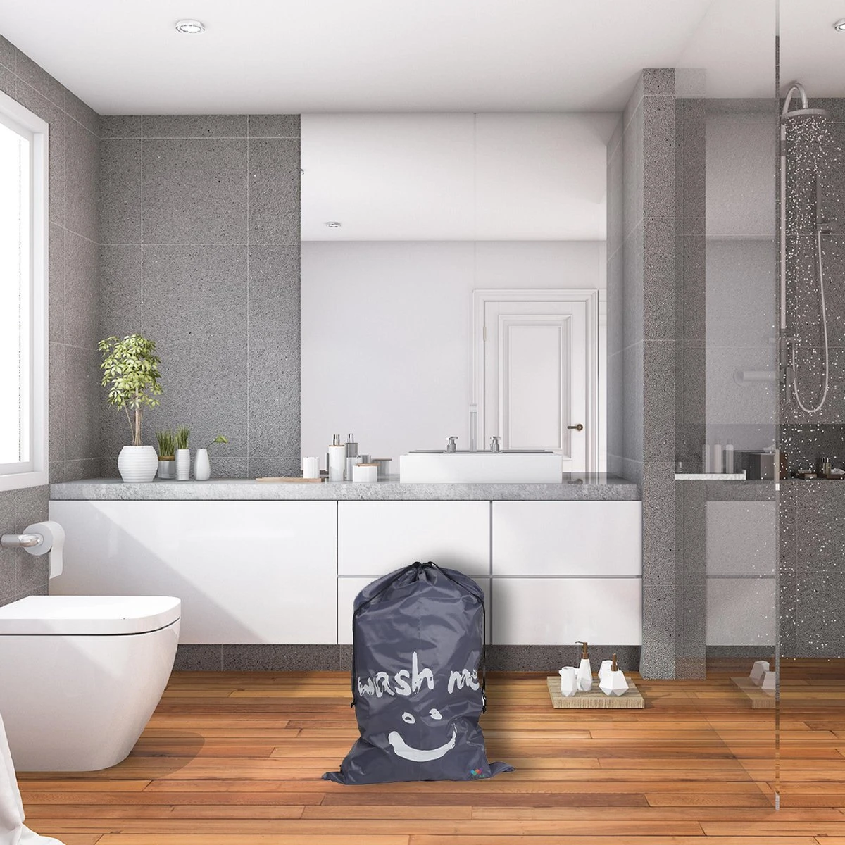 Wonair - Grote Waszak - Wash Me - Wastas - 60x90cm - Grijs - Met Trekkoord 4 Wonair - Grote Waszak - Wash Me - Wastas - 60x90cm - Grijs - Met Trekkoord - Afbeelding 2