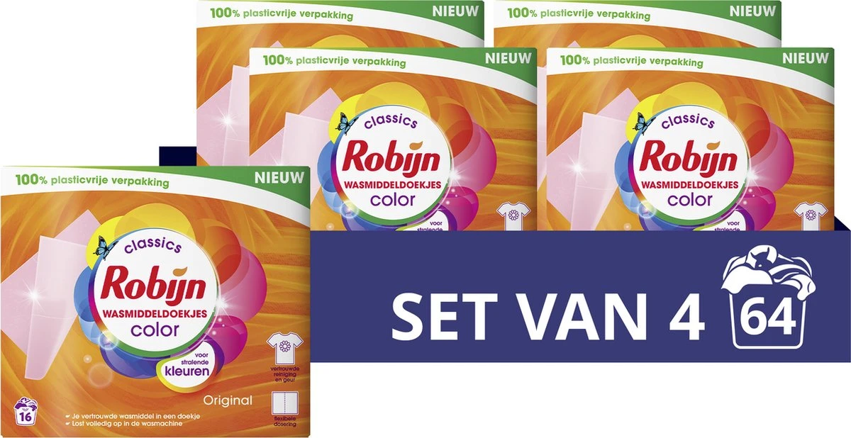 Robijn Classics Color Wasmiddeldoekjes - 4 X 16 Wasstrips - Voordeelverpakking 3 Robijn Classics Color Wasmiddeldoekjes - 4 X 16 Wasstrips - Voordeelverpakking