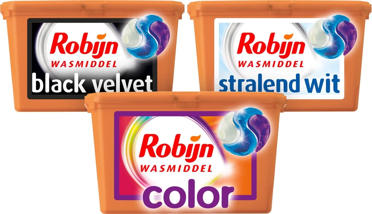 Robijn Color Black Velvet En Stralend Wit 3-in-1 Wascapsules Pakket - 3 X 15 Wasbeurten - Voordeelverpakking 3 Robijn Color Black Velvet En Stralend Wit 3-in-1 Wascapsules Pakket - 3 X 15 Wasbeurten - Voordeelverpakking