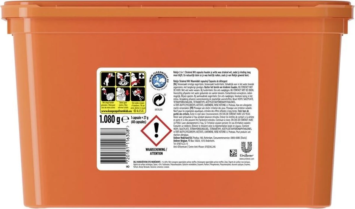 Robijn Wascapsules 3-in-1 Stralend Wit - 1 X 40 Stuks 4 Robijn Wascapsules 3-in-1 Stralend Wit - 1 X 40 Stuks - Afbeelding 2