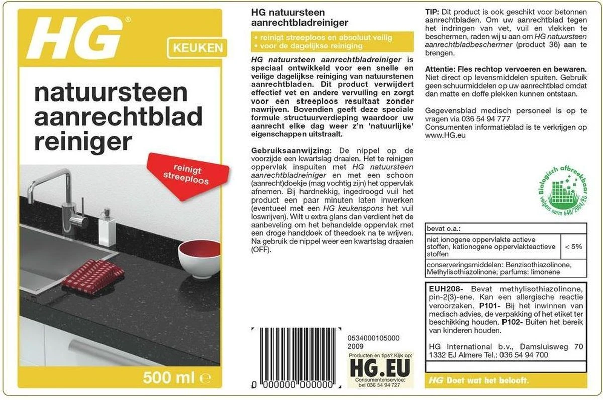 HG Natuurstenen Aanrechtbladreiniger - 500ml - Veilig In Gebruik - Streeploos Schoon - Dagelijkse Reiniging 4 HG Natuurstenen Aanrechtbladreiniger - 500ml - Veilig In Gebruik - Streeploos Schoon - Dagelijkse Reiniging - Afbeelding 2