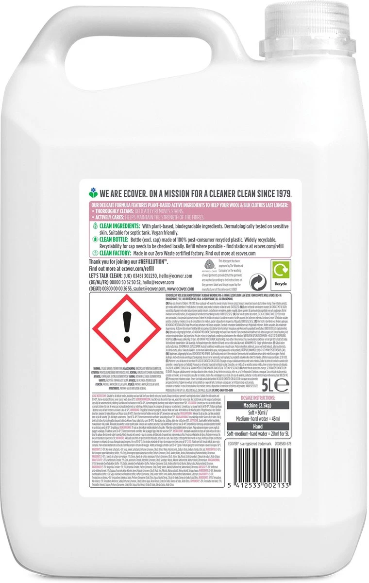 Ecover Wasmiddel - Wol En Zijde Waterlelie & Groene Meloen 110 Wasbeurten - 5L 4 Ecover Wasmiddel - Wol En Zijde Waterlelie & Groene Meloen 110 Wasbeurten - 5L - Afbeelding 2