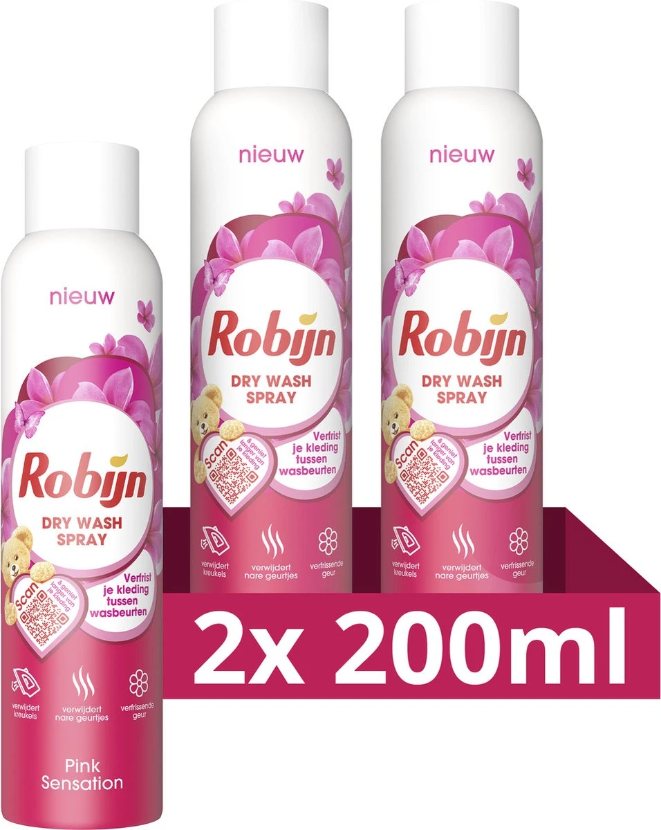 Robijn Pink Sensation Dry Wash Spray - 2 X 200 Ml - Voordeelverpakking 3 Robijn Pink Sensation Dry Wash Spray - 2 X 200 Ml - Voordeelverpakking
