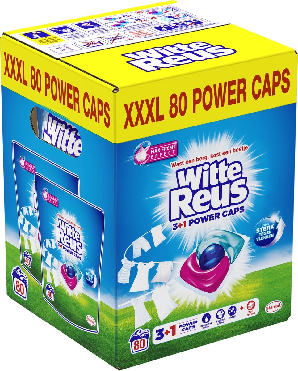 Witte Reus Power Caps Wascapsules - Wasmiddel Capsules - Voordeelverpakking - 2x40 Wasbeurten 4 Witte Reus Power Caps Wascapsules - Wasmiddel Capsules - Voordeelverpakking - 2x40 Wasbeurten - Afbeelding 2